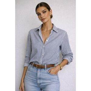 Reformation Striped Button Down Shirt XS Blue White Cotton Minimal Classic